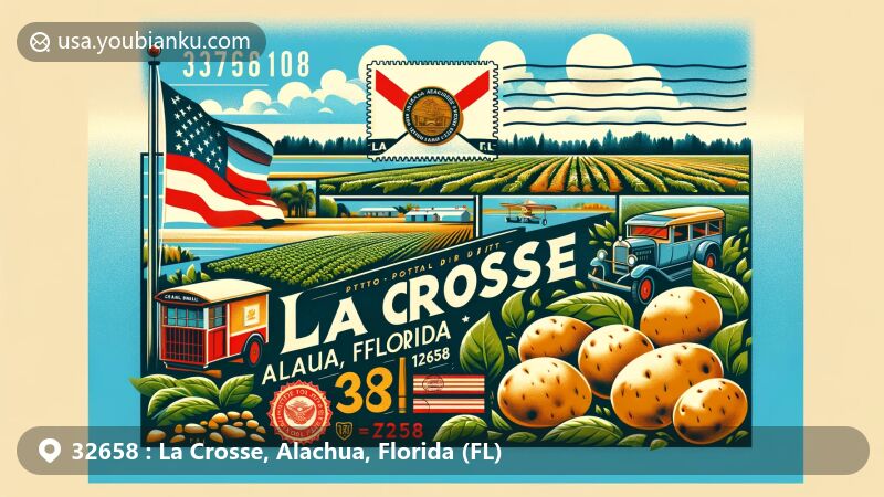 Modern illustration of La Crosse, Alachua, Florida, highlighting 'Potato District' agriculture with fields of potatoes and other crops, featuring Florida state symbols and postal elements like vintage airmail envelope and stamps.
