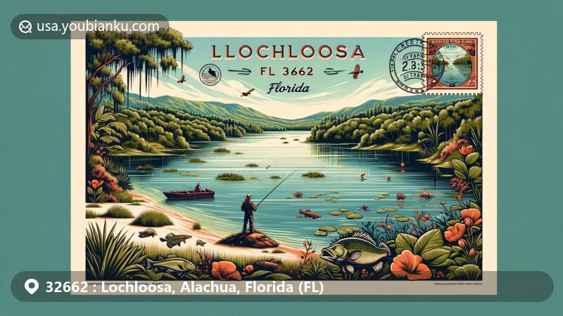 Modern illustration of Lochloosa, Alachua County, Florida, capturing the charm of Lochloosa Lake, showcasing bass fishing and wildlife observation opportunities, surrounded by lush greenery, with vintage postal elements.