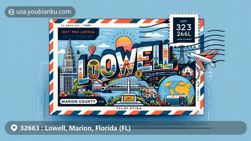 Modern illustration of Lowell, Marion County, Florida, exhibiting postal theme with ZIP code 32663, showcasing landmarks like the outline of Marion County and the state flag of Florida.