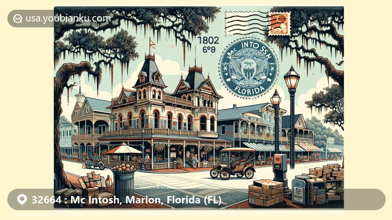 Vintage illustration of Mc Intosh, Marion County, Florida, depicting a Victorian town scene with Queen Anne and Gothic architectural style buildings surrounded by ancient oak trees, featuring the historic district and incorporating the official seal of Mc Intosh. Postal theme includes elements of the annual McIntosh 1890s Festival and a vintage postcard design with ZIP code 32664.