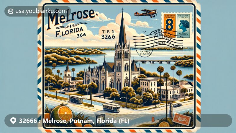 Modern illustration of Melrose, Florida, showcasing postal theme with ZIP code 32666, featuring elements from the Melrose Historic District, Trinity Episcopal Church, and symbols of citrus farming and lakeside beauty.