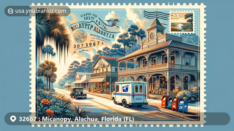 Modern illustration of Micanopy, Florida, showcasing postal theme with ZIP code 32667, featuring historic buildings, antique shops, and Paynes Prairie Preserve State Park.