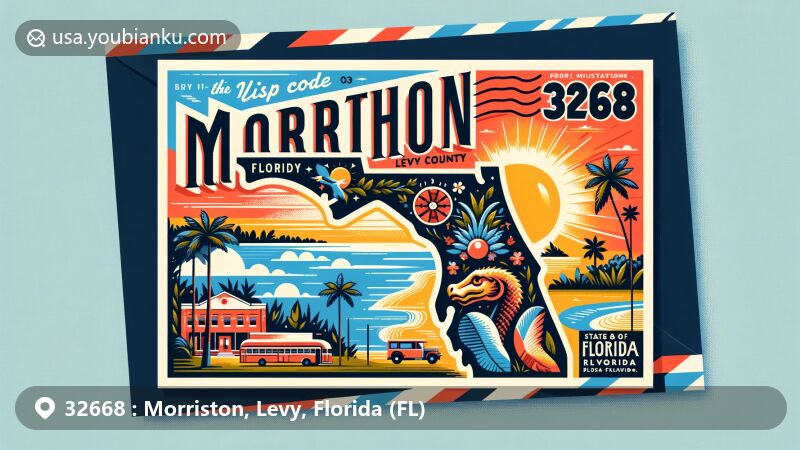 Modern illustration of Morriston, Levy County, Florida, presenting ZIP Code 32668 with vibrant postcard design, showcasing state symbols like palm trees, sun, and ocean.