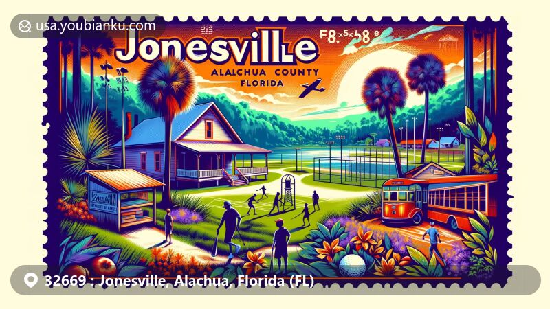 Modern illustration of Jonesville, Alachua County, Florida, with ZIP code 32669, blending local features like Jonesville Park and subtropical landscapes with postal elements.