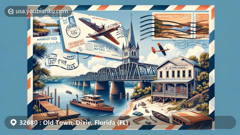 Modern illustration of Old Town, Dixie, Florida, representing ZIP code 32680, featuring the Nature Coast State Trail, Suwannee River trestle bridge, Horseshoe Beach Marina, Lower Suwannee National Wildlife Refuge, Putnam Lodge, and vintage air mail elements.