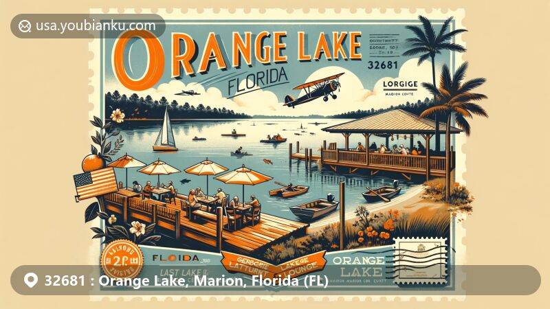 Modern illustration of Orange Lake, Marion County, Florida, highlighting natural beauty and leisure activities, featuring Georgie's Lakeside Restaurant and Lounge, fishing spots, local wildlife, Florida state flag, and Marion County location.