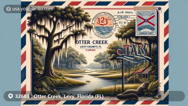 Modern illustration of Otter Creek, Levy County, Florida, featuring lush landscapes and airmail envelope with 'Otter Creek, FL 32683', oak trees, creek, and Florida state flag stamp.