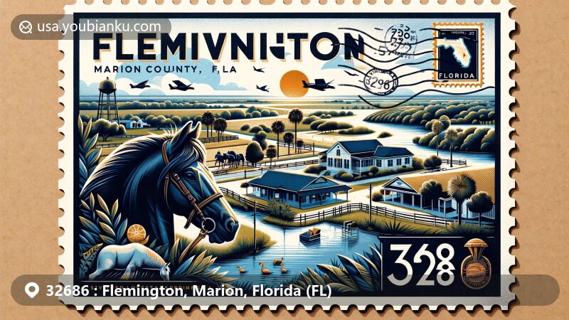 Modern illustration of Flemington, Marion County, Florida, portraying postal theme with ZIP code 32686, showcasing Silver Springs and local agricultural heritage.