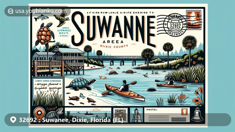Modern illustration of Suwannee, Dixie, Florida, highlighting postal theme with ZIP code 32692, featuring Suwannee River, kayaking activities, Lower Suwannee National Wildlife Refuge, historical landmarks, and vibrant color palette reflecting the region's natural beauty and cultural richness.