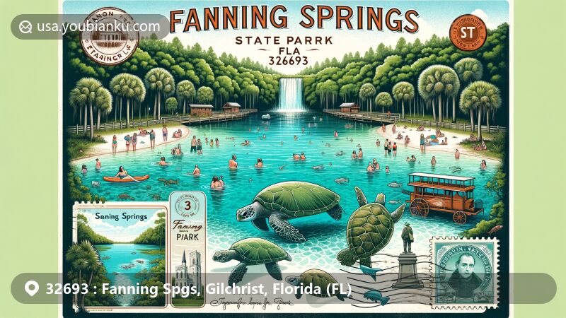 Modern illustration of Fanning Springs, Florida, ZIP code 32693, showcasing Fanning Springs State Park with clear waters, lush greenery, and diverse wildlife like musk turtles, bass, and manatees, integrating Fort Fanning Historic Park and vintage postal motif.