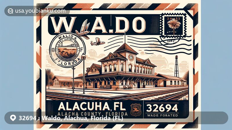 Modern illustration of Waldo, Alachua County, Florida, highlighting postal theme with ZIP code 32694, featuring historic buildings like the 19th-century train station and factories.