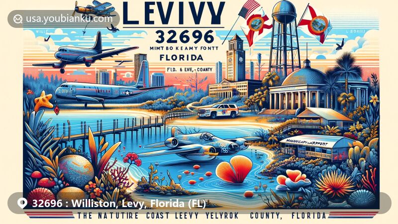 Modern illustration of Williston, Levy County, Florida, capturing ZIP code 32696 essence with Nature Coast environment, local landmarks like Devil's Den and Blue Grotto, Florida state flag, aviation heritage, and postal elements.