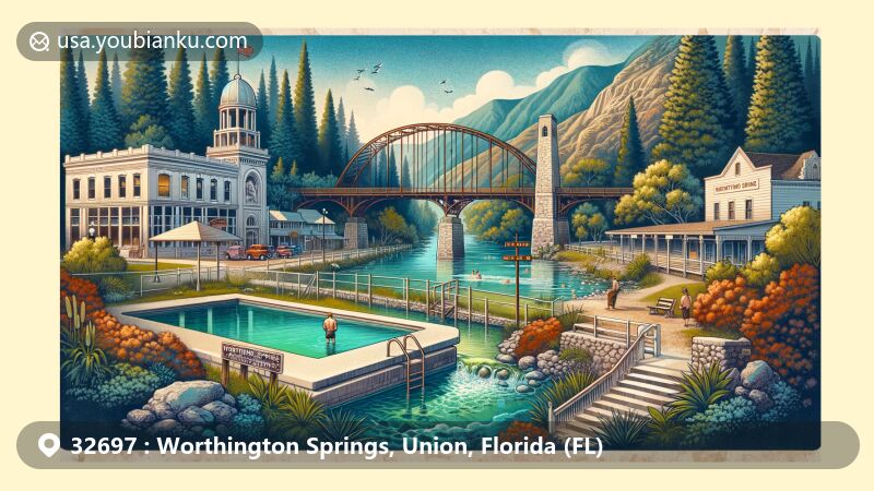 Charming depiction of Worthington Springs, Florida, emphasizing historic mineral spring on Santa Fe River, concrete pool, and modernized bridge, reflecting town's heritage and natural beauty.
