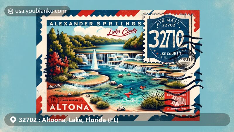 Modern illustration showcasing ZIP code 32702 for Altoona, Lake County, Florida, highlighting Alexander Springs and Florida state flag.