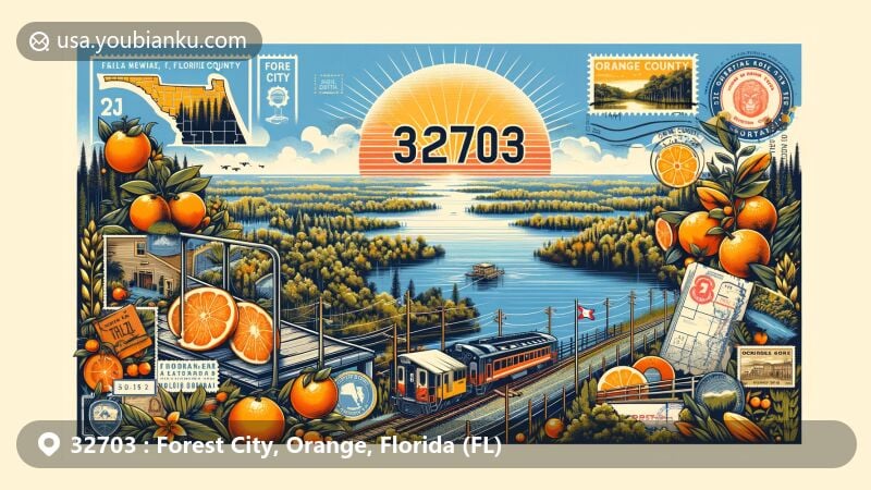Modern illustration of Forest City, Orange County, Florida, showcasing postal theme with ZIP code 32703, featuring lush landscapes, water bodies, Orange Belt Railroad history, Florida state flag, and local postal elements.