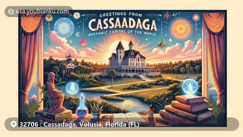 Modern illustration of Cassadaga Spiritualist Camp in Volusia County, Florida, showcasing historic buildings like Colby Memorial Temple and Cassadaga Hotel, surrounded by lush vegetation.