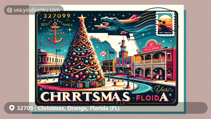 Modern illustration of Christmas, Orange, Florida, showcasing year-round Christmas spirit with a Christmas tree, Fort Christmas Historical Park, and Florida state symbols.