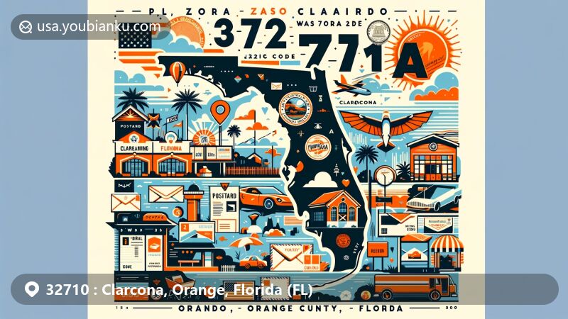 Modern illustration of Clarcona, Orange County, Florida, with ZIP code 32710, combining postal elements and local landmarks like Florida state flag, Orange County outline, postcards, airmail envelope, stamps, postal mark, and mailbox in a harmonious composition.