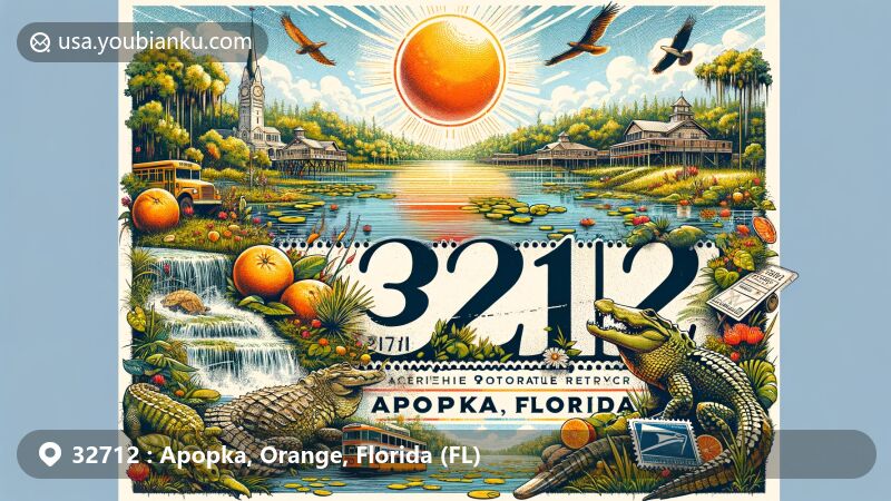 Modern illustration of Apopka, Florida, highlighting ZIP code 32712, with Wekiwa Springs State Park, Lake Apopka, local wildlife, and postal elements, capturing the area's charm and postal culture.