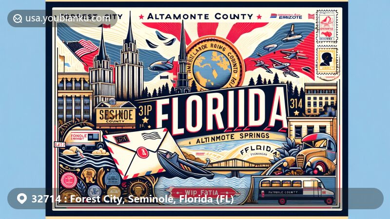 Modern illustration of Forest City and Altamonte Springs in Seminole County, Florida, depicting the essence of the state with state flag, Seminole County outline, iconic landmarks, and postal elements, featuring a vintage air mail envelope, stamps, and postmarks, in a vibrant color scheme.