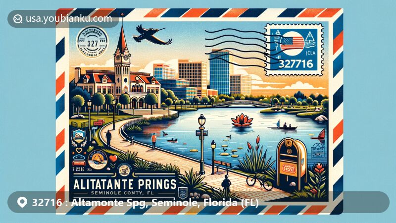 Modern illustration of Altamonte Springs, Florida, featuring Cranes Roost Park, Lake Lotus Park, state flag, and postal elements, with airmail envelope design.