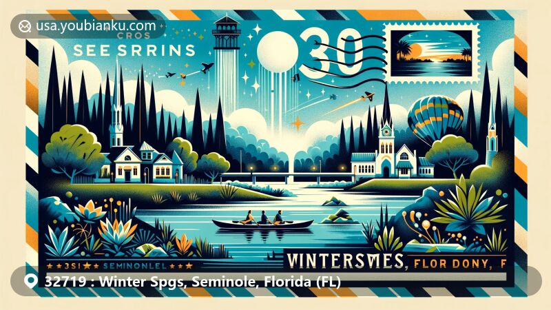 Modern illustration of Winter Springs, Seminole County, Florida, featuring the Cross Seminole Trail and the Florida Bioluminescent Paddleboard/Kayak Excursion, highlighting lush greenery, biking paths, and natural beauty with ZIP code 32719.