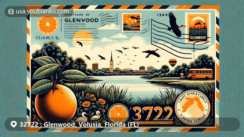 Modern illustration of Glenwood, Volusia County, Florida, highlighting ZIP code 32722, featuring natural beauty and birding attractions, paying homage to its orange-growing history and Lake Woodruff National Wildlife Refuge.