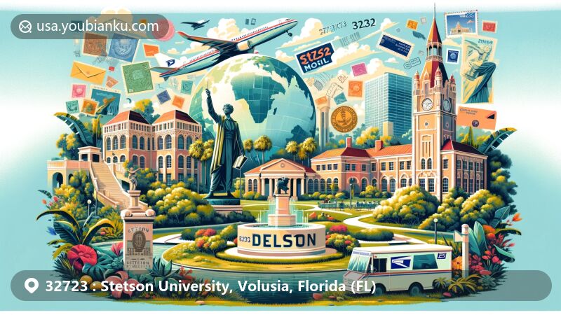 Modern illustration of DeLand, Florida, and Stetson University, featuring iconic campus elements and lush Volusia County landscapes, harmoniously blended with postal elements for ZIP Code 32723.