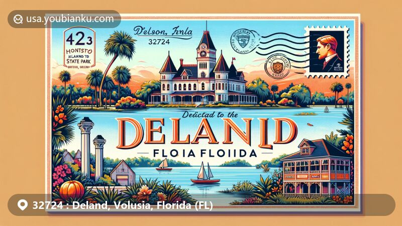 Creative postcard design dedicated to Deland, Florida, with ZIP code 32724, featuring Hontoon Island State Park and historic Stetson Mansion, capturing the region's natural beauty and cultural heritage.