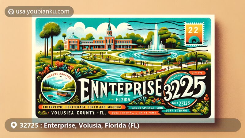 Modern illustration of Enterprise, Volusia County, Florida, showcasing postal theme with ZIP code 32725, featuring Enterprise Heritage Center and Museum and Green Springs Park.
