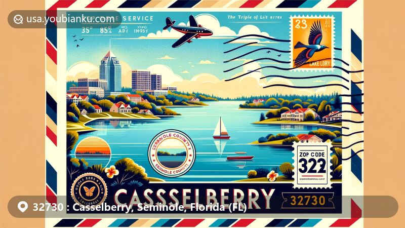 Modern illustration of Casselberry, Seminole County, Florida, highlighting natural beauty with landmarks like Lake Howell and the Triplet Chain of Lakes, featuring vintage air mail envelope background, Florida state symbols, and ZIP code 32730.