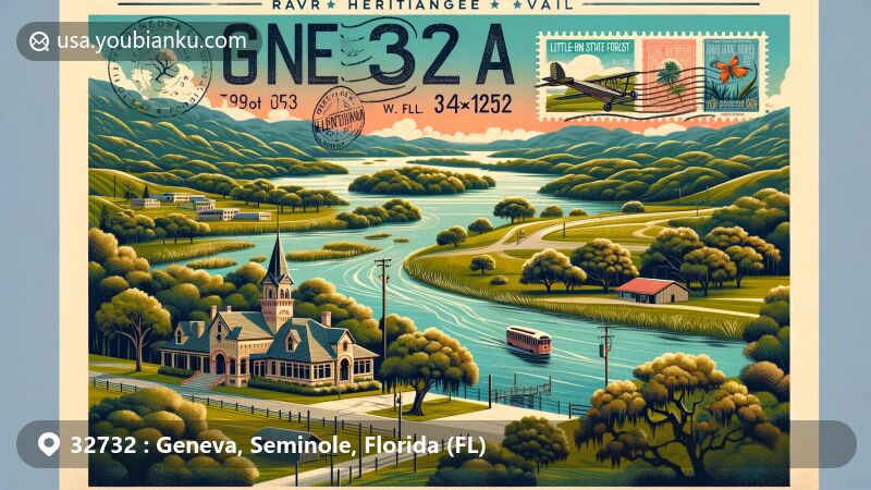 Modern illustration of Geneva, Florida, in Seminole County, showcasing Little-Big Econ State Forest and the confluence of Econlockhatchee Rivers, with rolling hills, oak-lined roads, lakes Harney and Jesup, and historic Rural Heritage Center, blending with postal elements like vintage air mail envelope and Florida wildlife stamps.