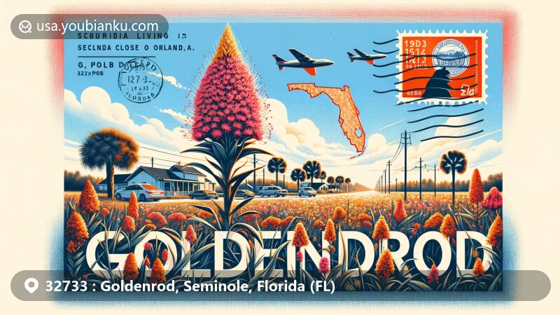 Modern illustration of Goldenrod, Florida, blending postal elements with local charm, featuring postcard motif and ZIP code 32733, symbolizing connectivity and community vibrancy.