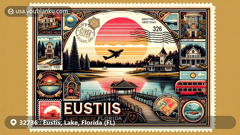 Modern illustration of Eustis, Lake, Florida, showcasing postal theme with ZIP code 32736, featuring iconic landmarks like Clifford House, Ferran Park, Trout Lake Nature Center, and Santa’s Farm & Christmas Tree Forest.