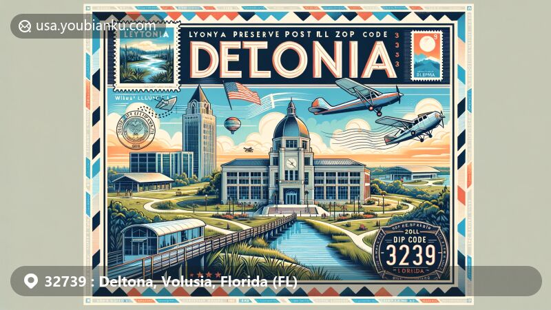 Modern illustration of Deltona, Florida, blending natural beauty of Lyonia Preserve and modern architectural style of Deltona City Hall with postal theme, featuring airmail envelope design and '32739' ZIP code.
