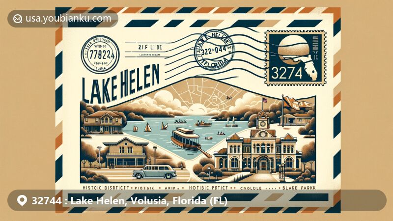 Modern illustration of Lake Helen, Florida, showcasing postal theme with ZIP code 32744, featuring historic district and natural landscapes, including a community event in Blake Park.