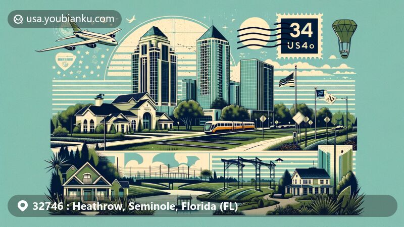 Modern illustration of Heathrow area in Seminole County, Florida, featuring gated community aspect, lush landscapes, and modern homes, showcasing the postal heritage with vintage postcard layout, ZIP code 32746, and postal elements.