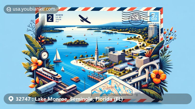 Vivid illustration of Lake Monroe, Sanford, Seminole County, Florida, featuring tranquil waters and vibrant city life, emphasizing its role in the St. Johns River system and showcasing local flora, fauna, boats, and recreational activities.