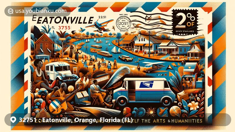 Modern illustration of Eatonville, Florida, showcasing postal theme with ZIP code 32751, featuring Zora Neale Hurston Festival of the Arts and Humanities, African American cultural elements, and the natural beauty of Eatonville.