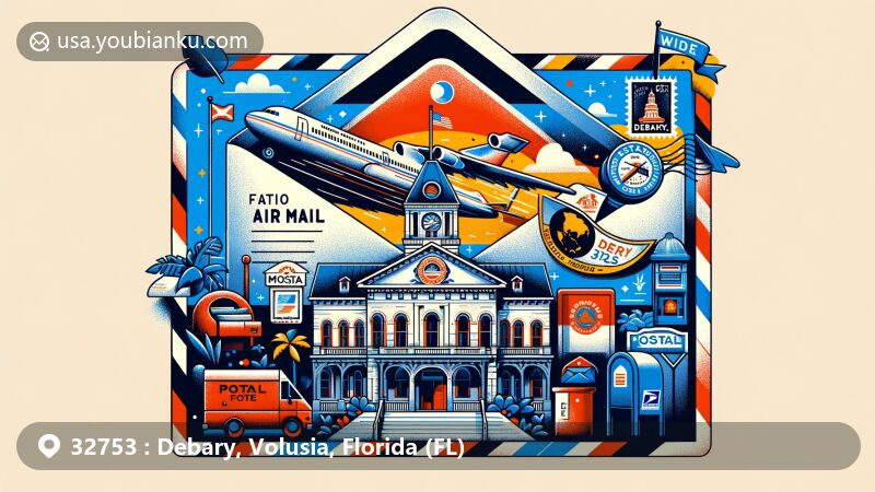 Modern illustration of DeBary, Florida, featuring air mail envelope with DeBary Hall, St. Johns River, and Florida state flag, postal stamp with 'DeBary, FL 32753,' mailbox, and postal van.