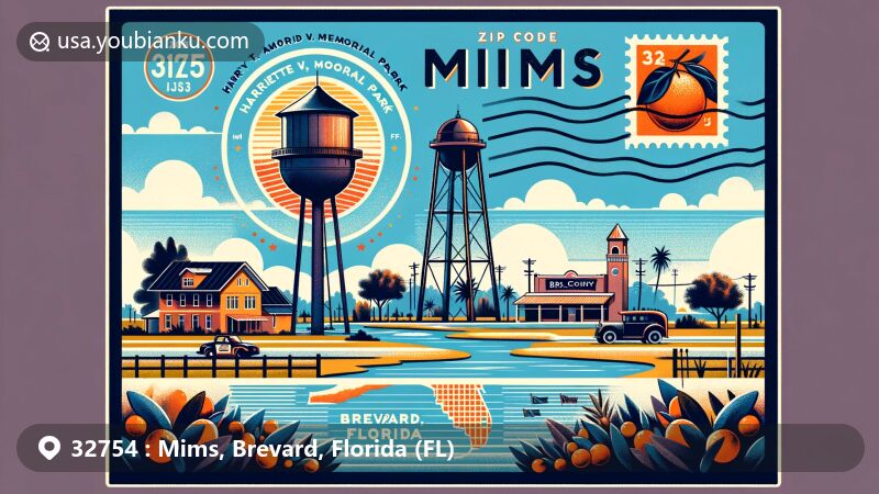 Modern illustration of Mims, Brevard County, Florida, highlighting iconic landmarks like the Mims water tower and Harry T. and Harriette V. Moore Memorial Park, showcasing orange groves and postal theme with ZIP code 32754.