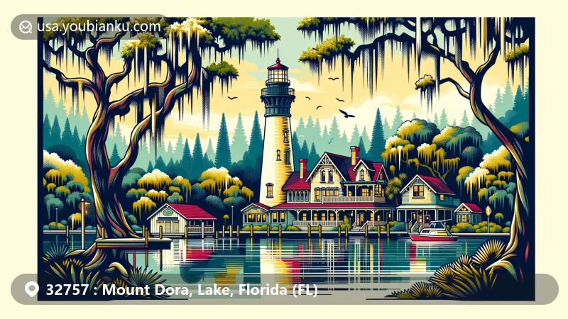 Modern illustration of Mount Dora, Lake County, Florida, depicting Lakeside Inn with classic architecture, Mount Dora Lighthouse at Lake Dora, Modernism Museum showcasing Studio Arts Movement, and vibrant downtown area with historic Donnelly House.