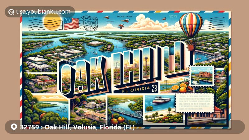Modern illustration of Oak Hill, Volusia County, Florida, showcasing postal theme with ZIP code 32759, featuring River Breeze Park, Atlantic coastline, citrus cultivation, and commercial fishing history.