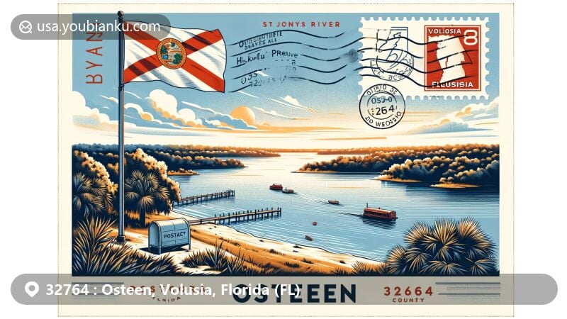 Modern illustration of St. Johns River and Hickory Bluff Preserve in Osteen, Florida, integrating Florida flag, Volusia County outline, postal elements, and ZIP code 32764.