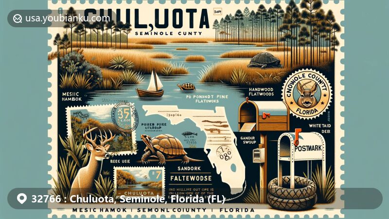 Modern illustration of Chuluota, Seminole County, Florida, capturing natural beauty and wildlife, combined with postal theme showcasing Chuluota Wilderness Area's diverse natural habitats and local fauna like white-tailed deer, gopher tortoise, and eastern diamondback rattlesnake, as well as vintage airmail envelope, stamps depicting Chuluota landmarks or wildlife, '32766' postal code postmark, and a traditional mailbox.