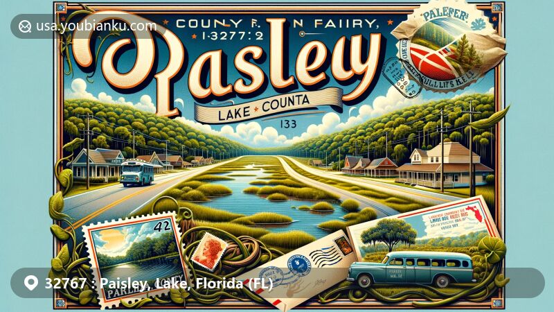 Modern illustration of Paisley, Lake County, Florida, highlighting the natural beauty and postal character of the area, featuring County Road 42 and the Ocala National Forest.