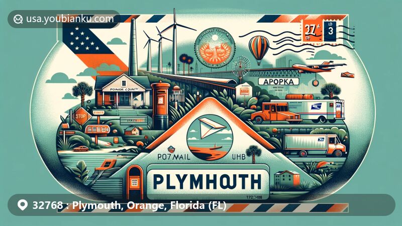 Modern illustration of Plymouth, Orange County, Florida, showcasing postal theme with ZIP code 32768, featuring airmail envelope with postage stamp, postmark, mailbox, and mail truck. Includes landmarks from Apopka and railroad history.