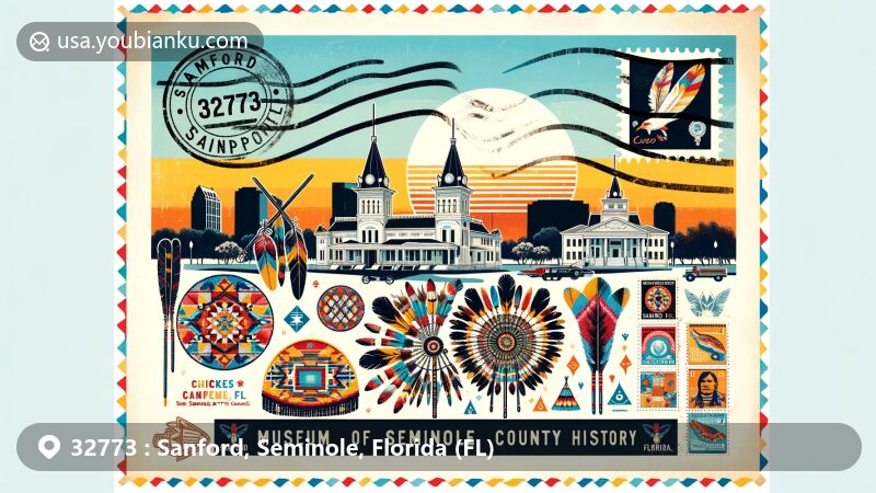Modern illustration of Sanford, Seminole County, Florida (ZIP code 32773), showcasing Museum of Seminole County History and Seminole cultural elements like chickees and patchwork crafts.