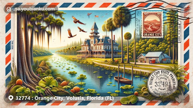 Modern illustration of Orange City, Volusia, Florida, featuring historic Thursby House, St. Johns River, native wildlife, and vibrant Florida scenery, with postal theme including ZIP code 32774 and vintage mail elements.