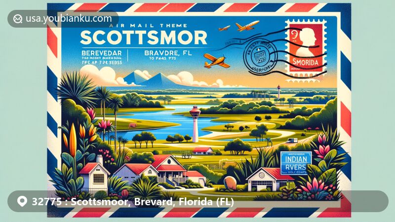 Creative illustration of Scottsmoor, Brevard County, Florida, in air mail envelope style, featuring ZIP code 32775, showcasing serene nature, wildlife areas, White Sands Buddhist Center, Ever After Farms, and Indian River Preserve Golf Course.